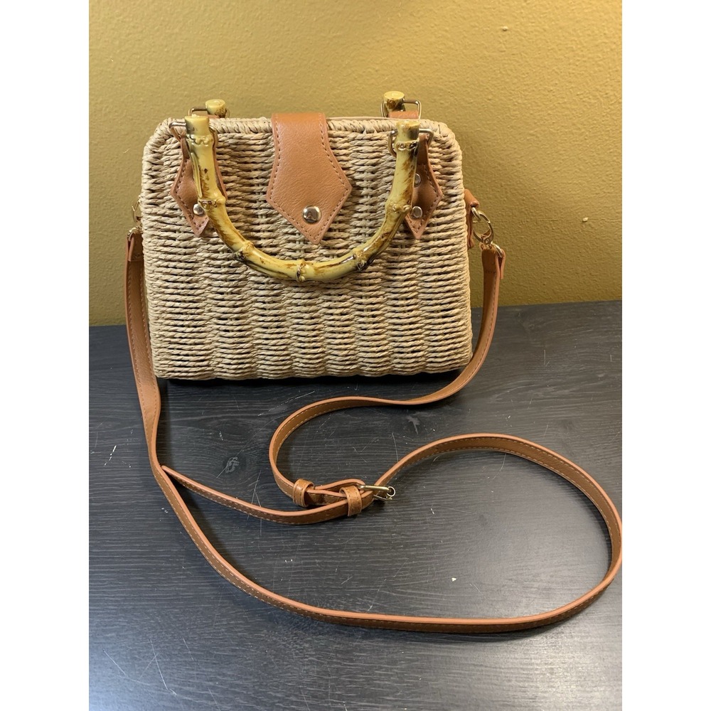Woven Handbag Paper Fiber Faux Bamboo Handles Tan Crossbody Summer‎ Tote Purse